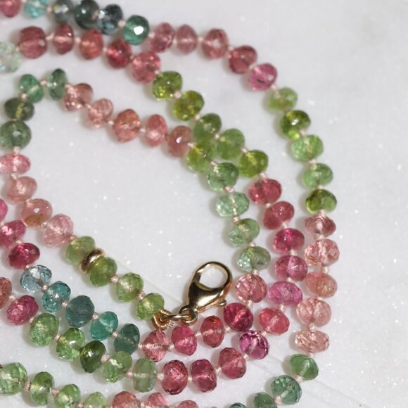 Afghani Tourmaline Pastel Pink Greens and Blues Knotted Candy Bead Necklace 14k - Picture 3 of 9